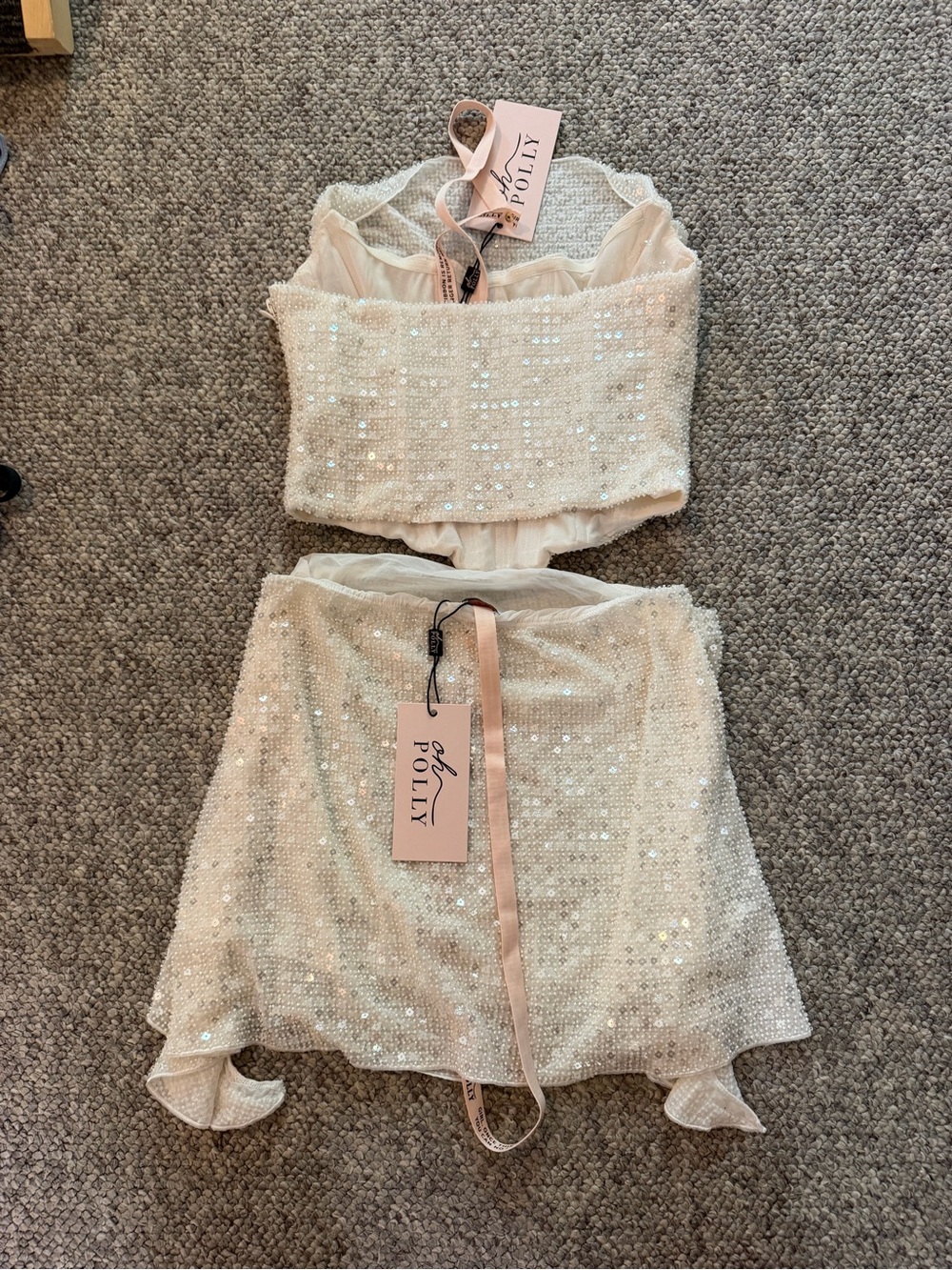 Oh Polly - Sequin Mesh Mini Skirt Set - Ivory Cream - Picture 2 of 3